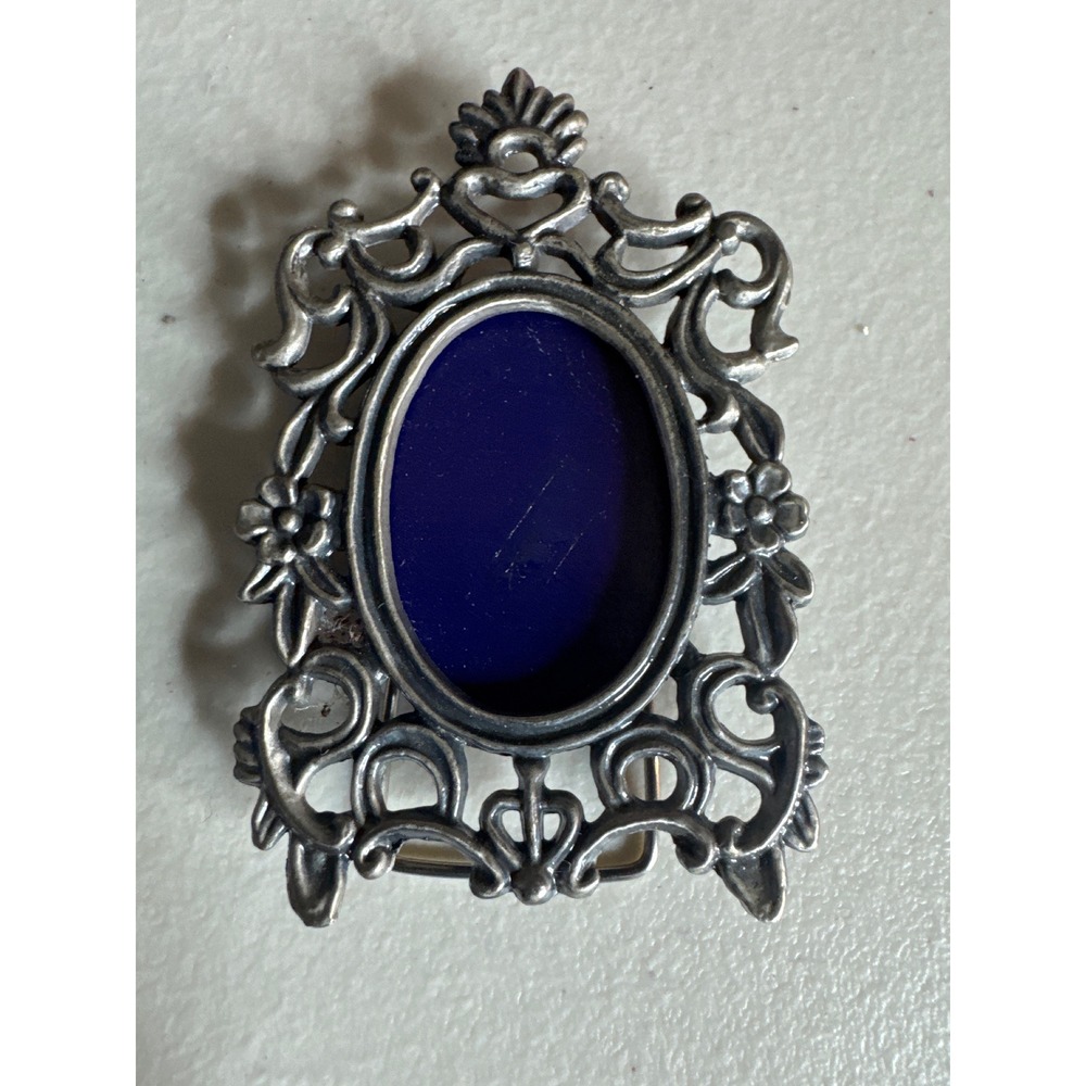 Vintage Ornate Miniature Filigree Picture Frame Silver Tone Cobalt Blue 2.5"
